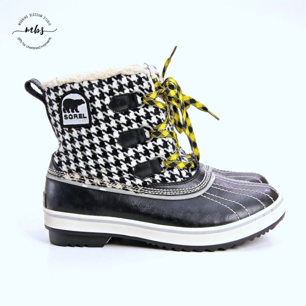 Sorel Tivoli Houndstooth Boots Black White Women 10